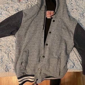 Navy blue, light blue button up hoody.